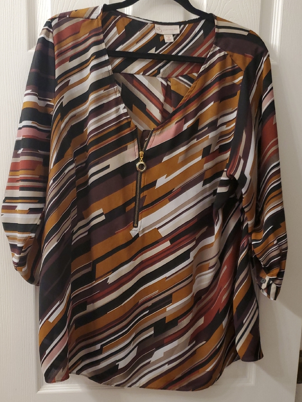 db Striped V-Neck Zip-Front Womens Blouse in Mustard Multi